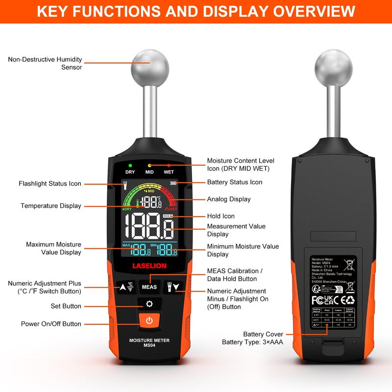 LASELION MS04 Pinless Moisture Meter with Ball Probe for Non-Destructive Area Scans Ideal for Wood Walls and Construction Materials Customizable Humidity Alarms Built-in Flashlight - Image 2